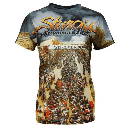 A fitted women's t-shirt with a 3D all over printed design featuring text and imagery related to the Sturgis Motorcycle Rally.