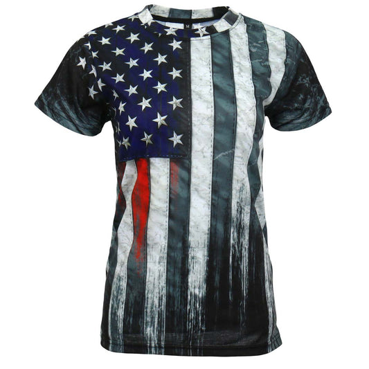 A fitted short sleeve ladies t-shirt with a graphic print of the American flag and a heart shape on the front.