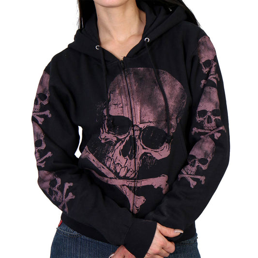 Black hoodie with skull and crossbones design on a white background