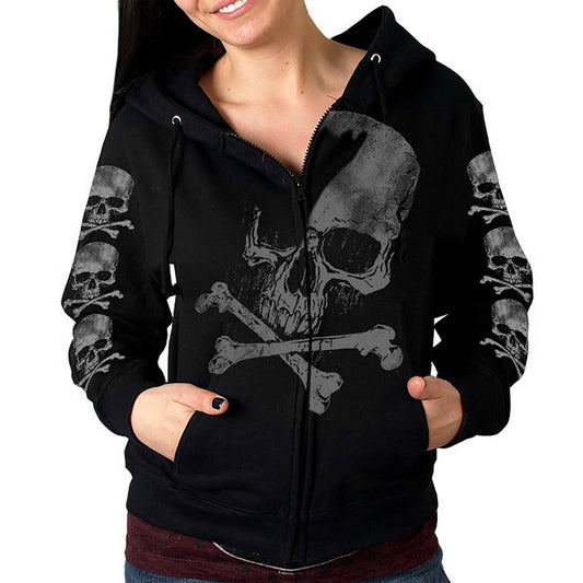 Black hoodie with skull and crossbones design on a white background