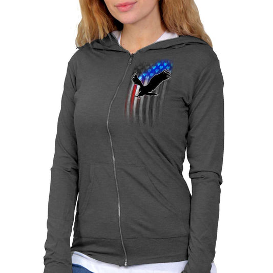 Dark gray zip-up hoodie with American flag and eagle design on a white background