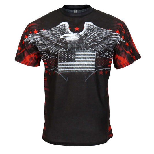 Men's black t-shirt with a camo eagle design and stars, featuring a 3D all over printed graphic.