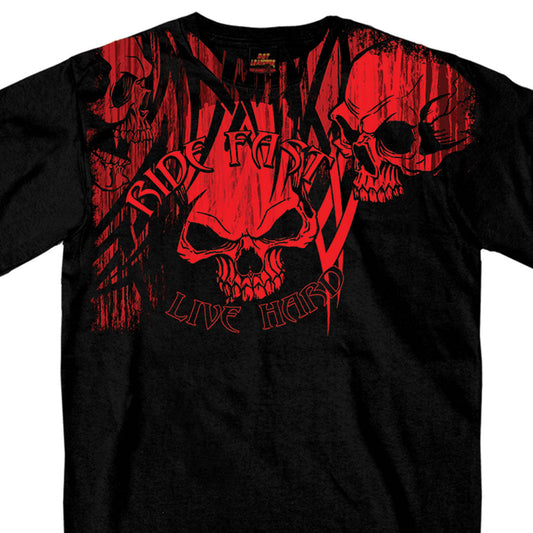 Black t-shirt with a graphic print of skulls and the text 'Ride Free - Live Hard' in red.