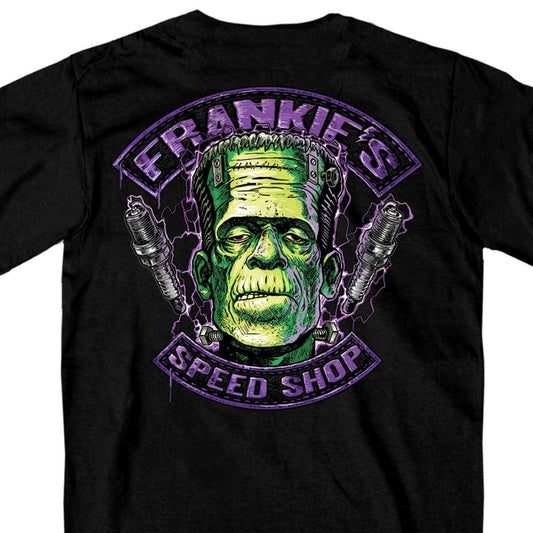 Men's black short-sleeve t-shirt with 'Frankie's Speed Shop' text and graphic print of Frankenstein's monster's head.