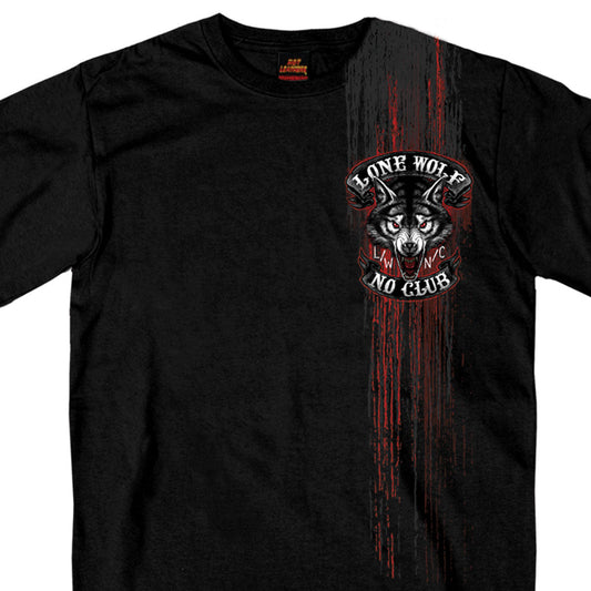 Black men's short-sleeve t-shirt with 'Lone Wolf, No Club' graphic print in the center, featuring a wolf's face with red accents.