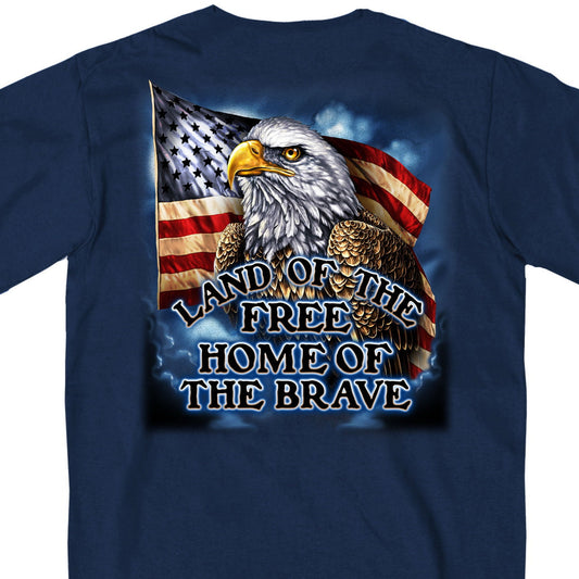 Navy blue t-shirt with a graphic print of an American eagle and flag, and the text 'LAND OF THE FREE, HOME OF THE BRAVE' on the back.