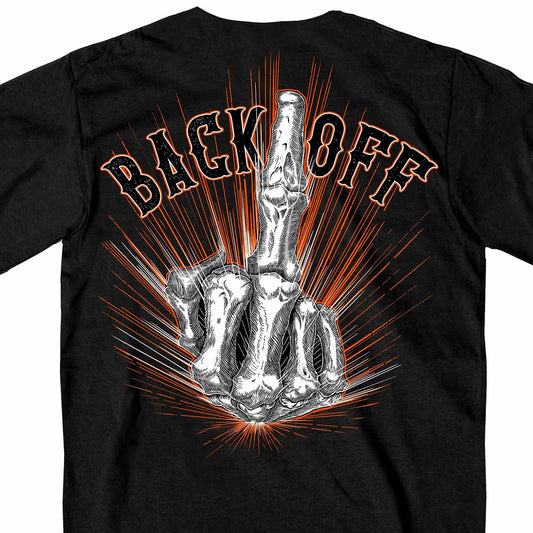 Men's black short sleeve t-shirt with a graphic print of a bone finger and the text 'BACK OFF' on the back.