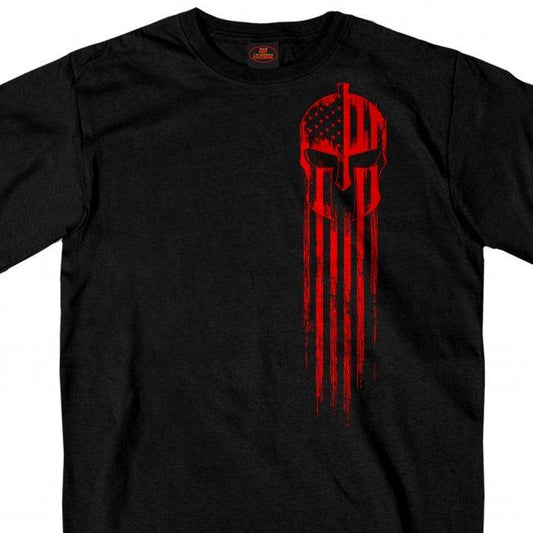 Men's black short-sleeve t-shirt with a red printed design of a warrior skull flag.