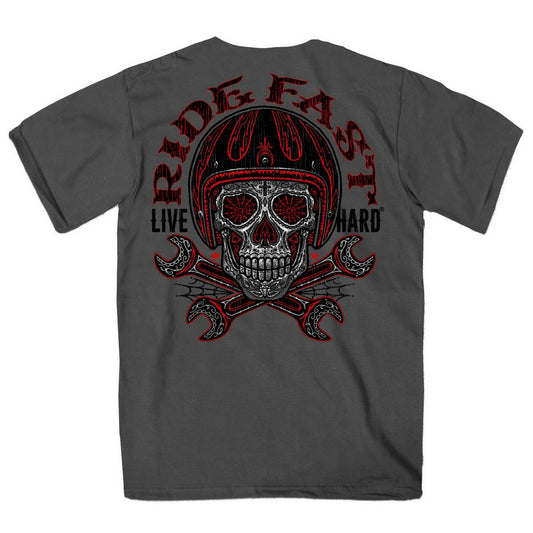 Men's charcoal short sleeve t-shirt with a graphic print of a skull wearing a helmet and text 'RIDE FAST LIVE HARD' on the front and back.