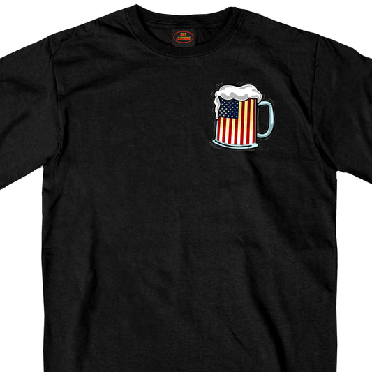Men's black short-sleeve t-shirt with a graphic print of a beer mug filled with a flag, positioned on the front.