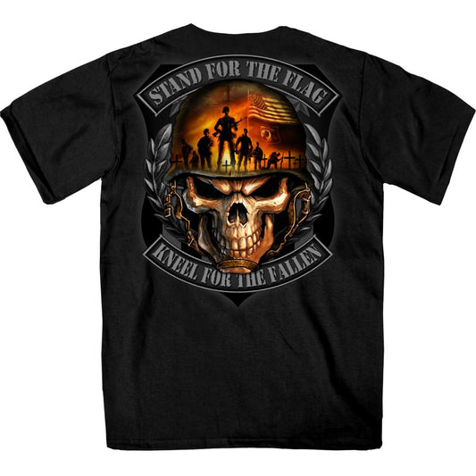 Black Hot Leathers t-shirt with a graphic print of a skull, American flag, and text 'Stand for the Flag, Kneel for the Fallen'.