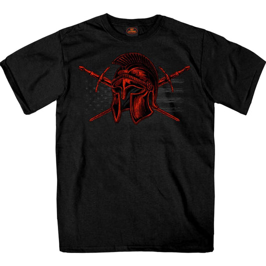 A black short-sleeved men's t-shirt with a graphic print of a Roman soldier helmet and crossed swords in red.