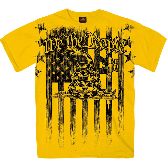 Men's yellow T-shirt with 'We The People' text and graphic print in a distressed style on the front and back.