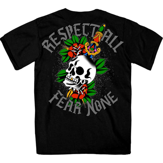 Hot Leathers Men's Respect All Fear None Skull Tattoo T-Shirt in black with a graphic print of a skull, tattoo-style flowers, and the text 'RESPECT ALL FEAR NONE'.