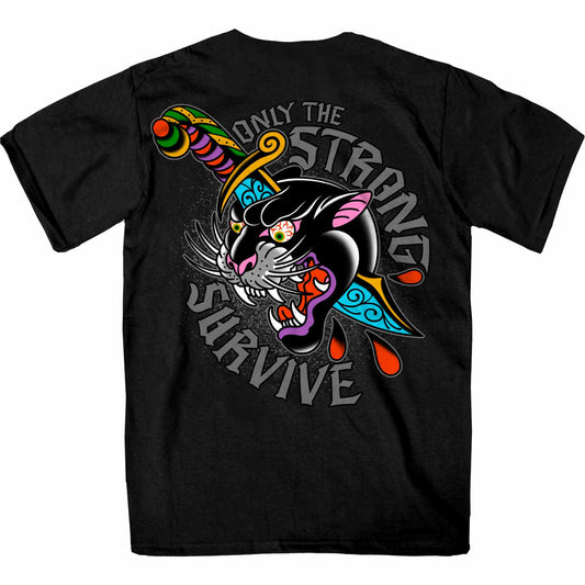 Men's black short sleeve t-shirt with a colorful front screen print of a panther and the text 'ONLY THE STRONG SURVIVE'.