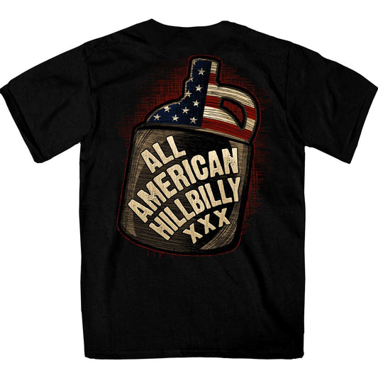 Double-sided graphic print of a bottle with an American flag and the text 'All American Hillbilly' on a black t-shirt.