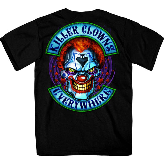 Men's black short-sleeved T-shirt with a graphic print of a clown's face and the text 'Killer Clowns Everywhere'.