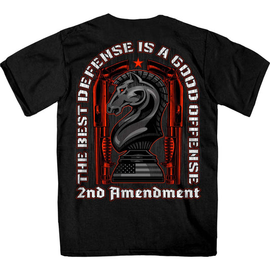 Men's black short sleeve T-shirt with text and graphic print on the front and back