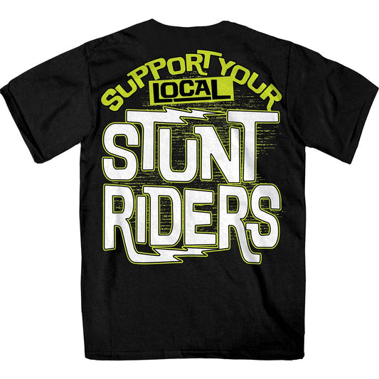 Men's black short-sleeve t-shirt with 'Support Your Local Stunt Riders' text and graphics on the back.