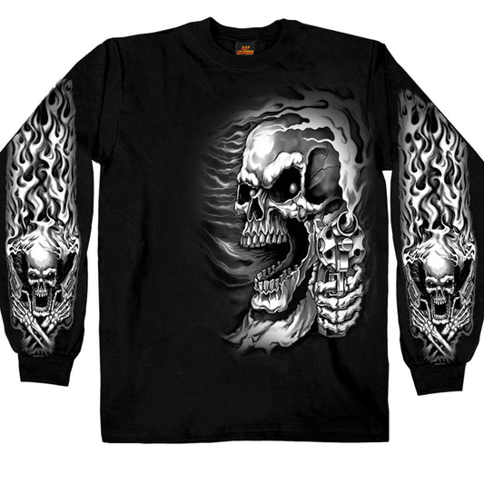A black long-sleeved men's t-shirt with a graphic print of an assassin skull design.