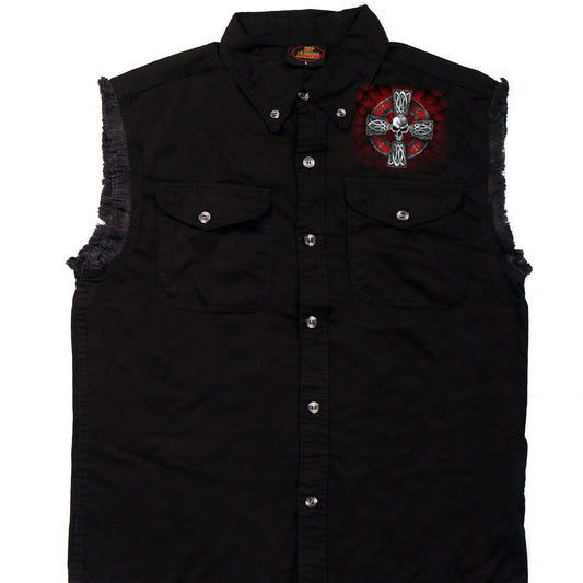 Men's sleeveless denim black shirt with a Celtic cross graphic print on the back and a button-up front. Features two chest pockets with button closures.