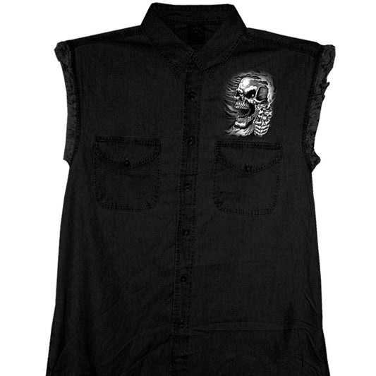 A sleeveless black denim shirt with front button closure, two chest pockets, and frayed detail around the arm openings. It features a printed skull design on the front.