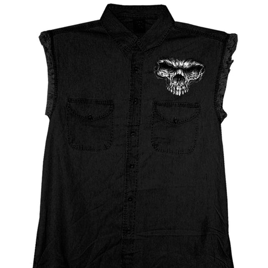 Hot Leathers 'Shredder Skull' black sleeveless denim shirt with button-up front and two chest pockets. The shirt features a screen printed image of an evil shredder skull on the front and back.
