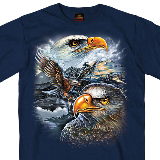 Men's navy blue t-shirt with a graphic print of two eagles in flight.