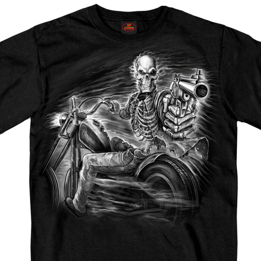 Black t-shirt with a graphic print of a skeleton riding a motorcycle.