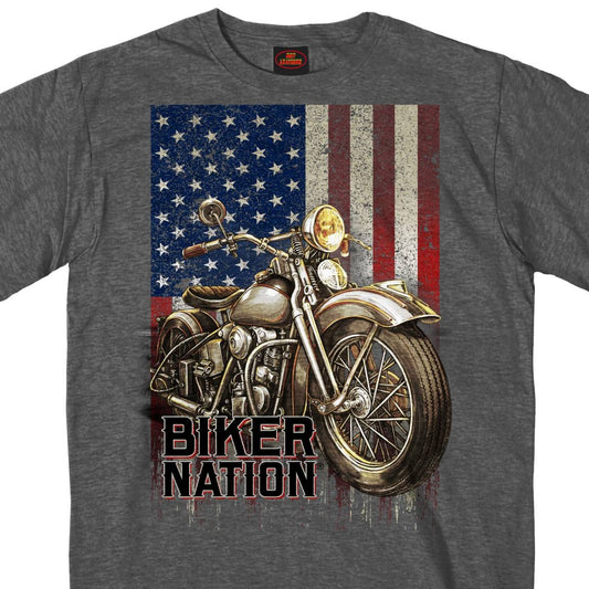 A men's gray heather t-shirt with a graphic print of a motorcycle in front of an American flag, with the text 'BIKER NATION'.