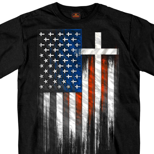 Men's black short-sleeve t-shirt with a graphic print of the American flag and a cross