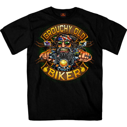 Men's black biker t-shirt with 'Grouchy Old Biker' text and graphic print depicting a character with a motorcycle.
