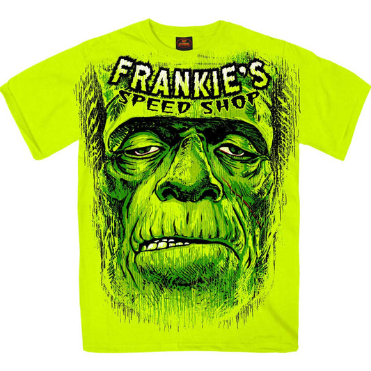 Men's safety green Frankie's Speed Shop jumbo print T-shirt with artwork featuring a stylized face.