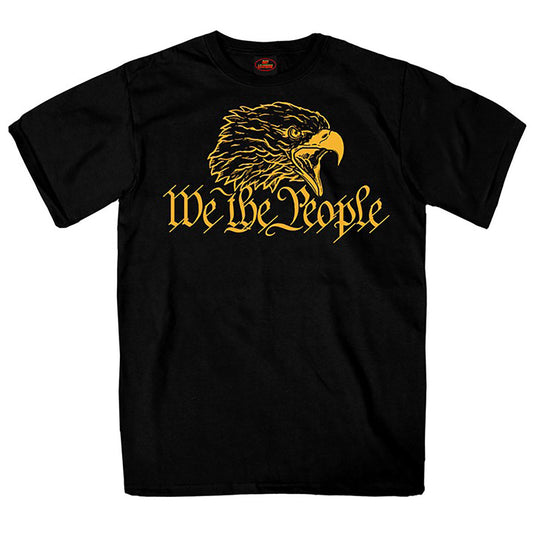Men's black short-sleeve t-shirt with 'We the People' text and an eagle graphic printed in yellow.