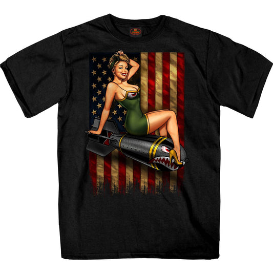 Men's black short-sleeve t-shirt with a graphic print of a pin-up style woman, a bomb, and the American flag in the background.