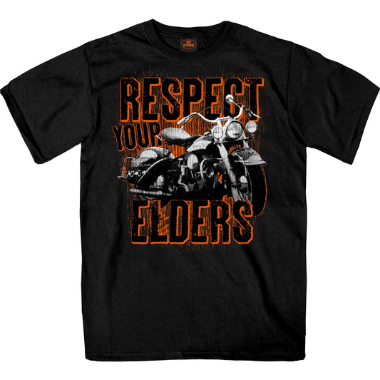Men's black short sleeve t-shirt with 'Respect Your Elders' text and graphic print of a motorcycle on the front.
