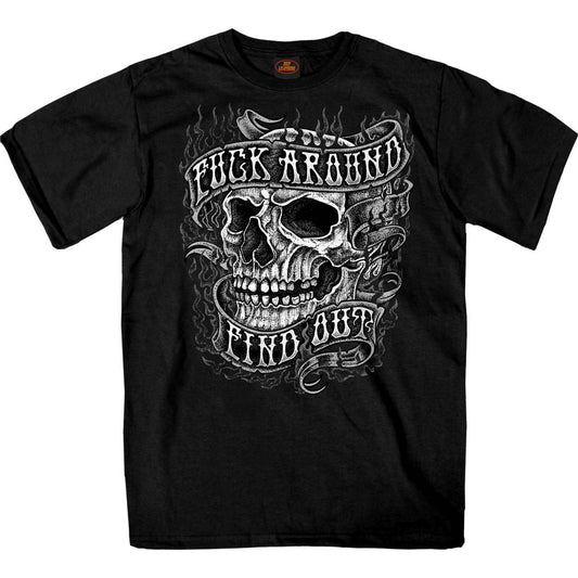 Men's black short-sleeve t-shirt with a graphic print of a skull and the text 'F*** Around Find Out'.