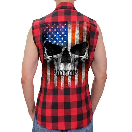 A man wearing a sleeveless flannel shirt with a red and black check pattern and a large skull graphic print on the back.