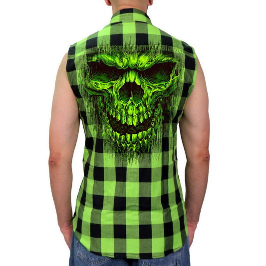 A man wearing a sleeveless black and green flannel shirt with a skull graphic on the back.