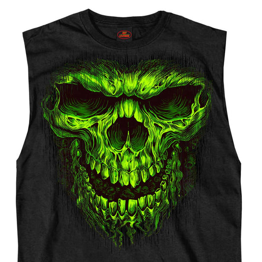 Men's black sleeveless tank top with a green skull graphic print on the front.