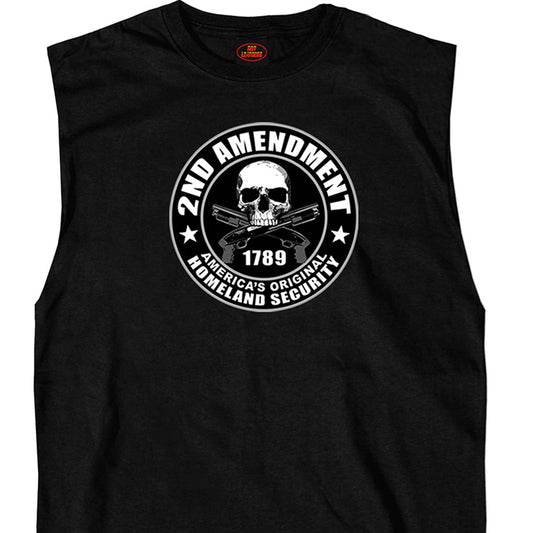 Men's black sleeveless tank top with '2nd Amendment America's Original Homeland Security' graphic print including a skull and crossed revolvers.