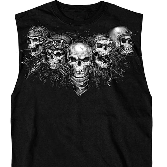 Men's sleeveless black tank top with a graphic print of five skulls wearing various motorcycle gear on the front.
