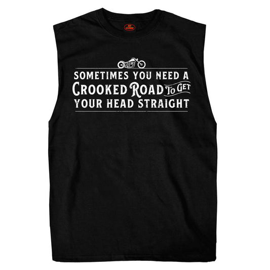 Men's black sleeveless tank top with white text and graphic print that reads 'SOMETIMES YOU NEED A CROOKED ROAD TO GET YOUR HEAD STRAIGHT' along with an image of a motorcycle.