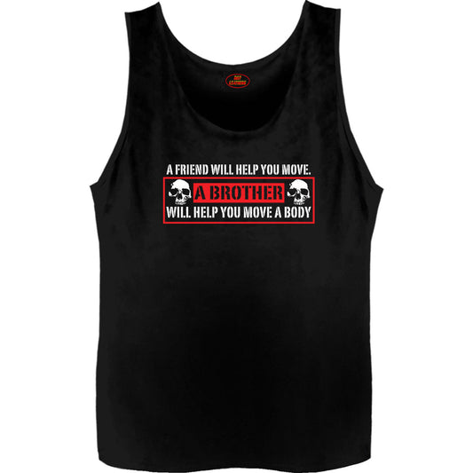 Men's black tank top with a graphic print that includes text and a logo on the chest.