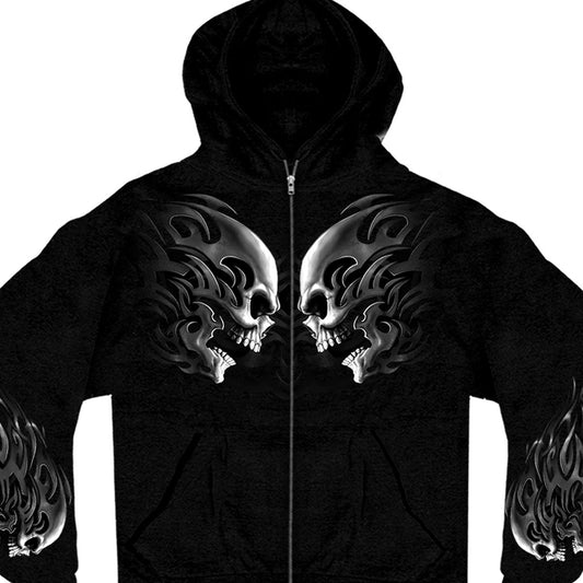 Men's black hoodie with a graphic print of two skulls facing each other on the front and sleeves.