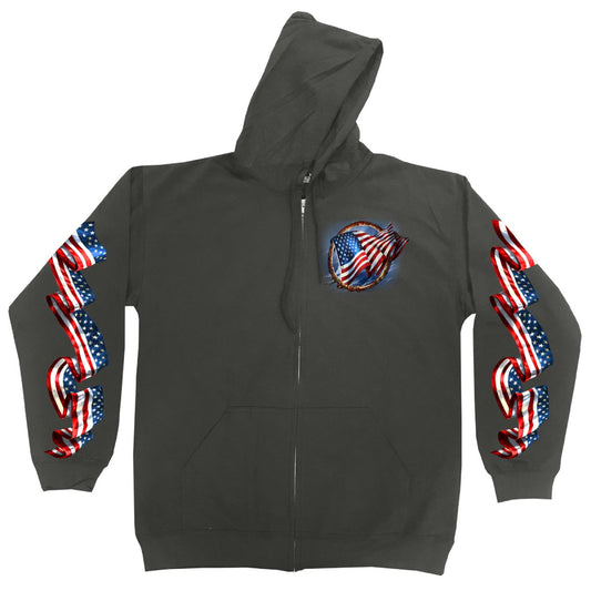 Men's charcoal hoodie with a graphic print of an eagle and stripes in red, white, and blue on the front and sleeves.