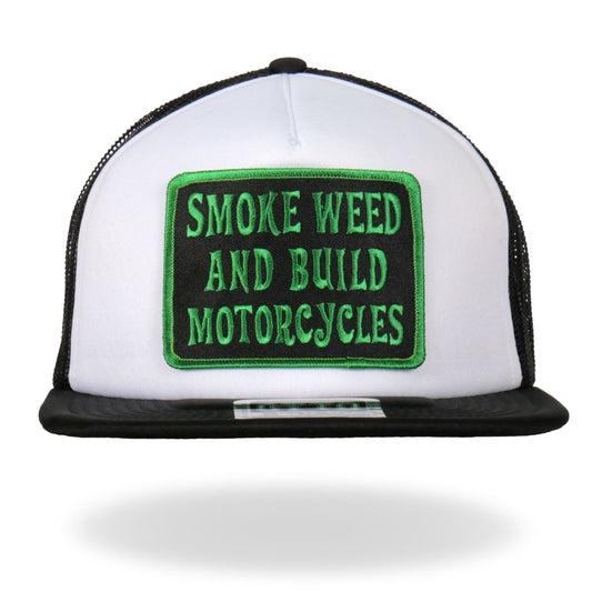 A black and white trucker hat with a patch that reads 'Smoke Weed and Build Motorcycles' on the front panel.