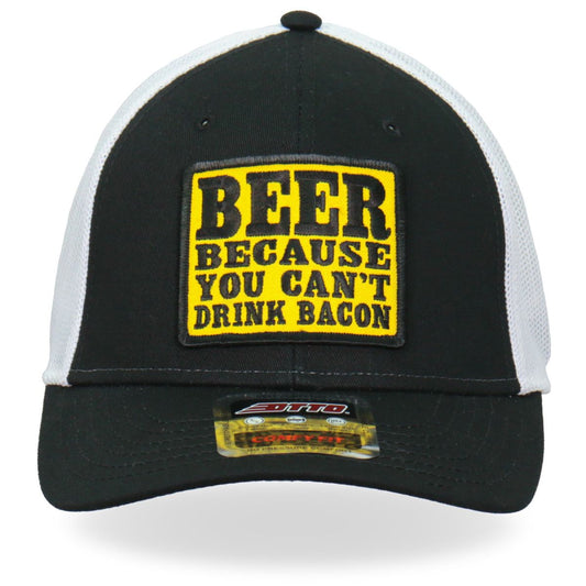 A black and white trucker hat with a mesh back and an embroidered patch on the front panel that reads 'BEER BECAUSE YOU CAN'T DRINK BACON'.