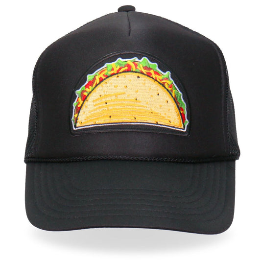 A black trucker hat with a embroidered taco on the front panel, featuring an adjustable snap closure.