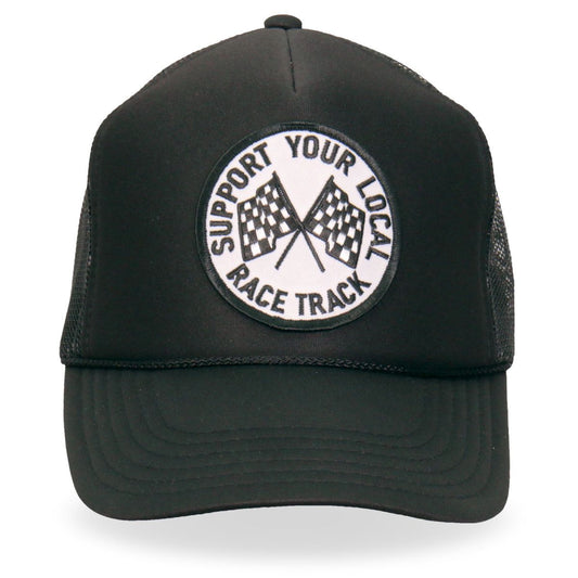 A black trucker hat with a 'Support Your Local Race Track' patch on the front panel, featuring a checkered flag design.